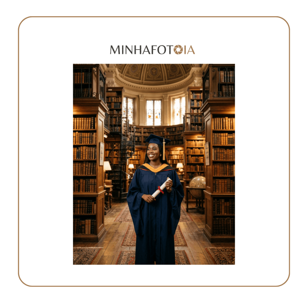 Prompt para Foto de Formatura com IA - Prompt Biblioteca Vintage - minhafotoia.com.br